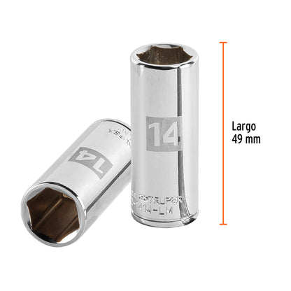 Deep Socket, 6 Points, 1/4" Drive, 14mm TRUPER