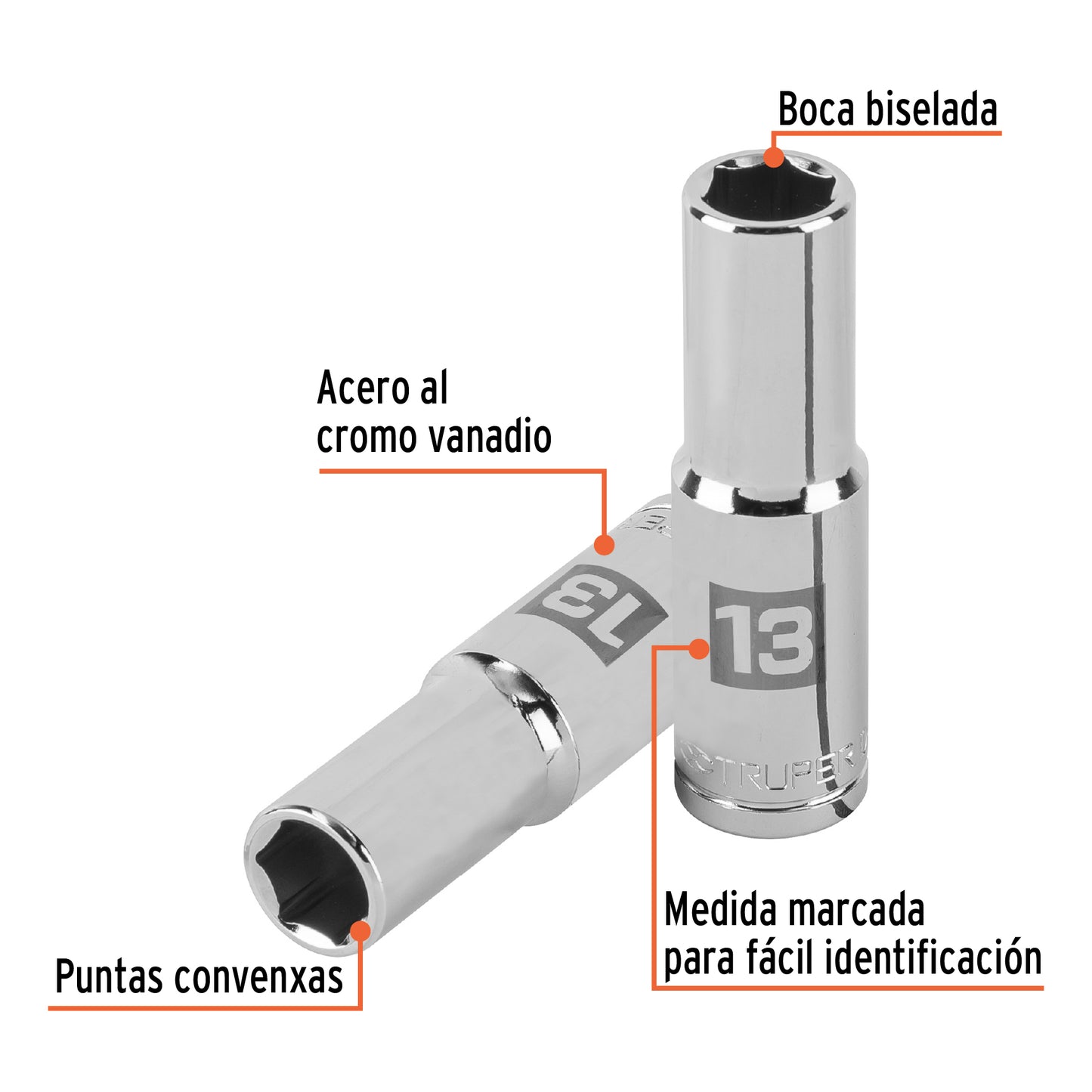 Deep Socket, 6 Points, 1/2" Drive, 13mm TRUPER