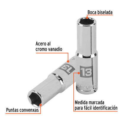 Deep Socket, 6 Points, 1/2" Drive, 13mm TRUPER