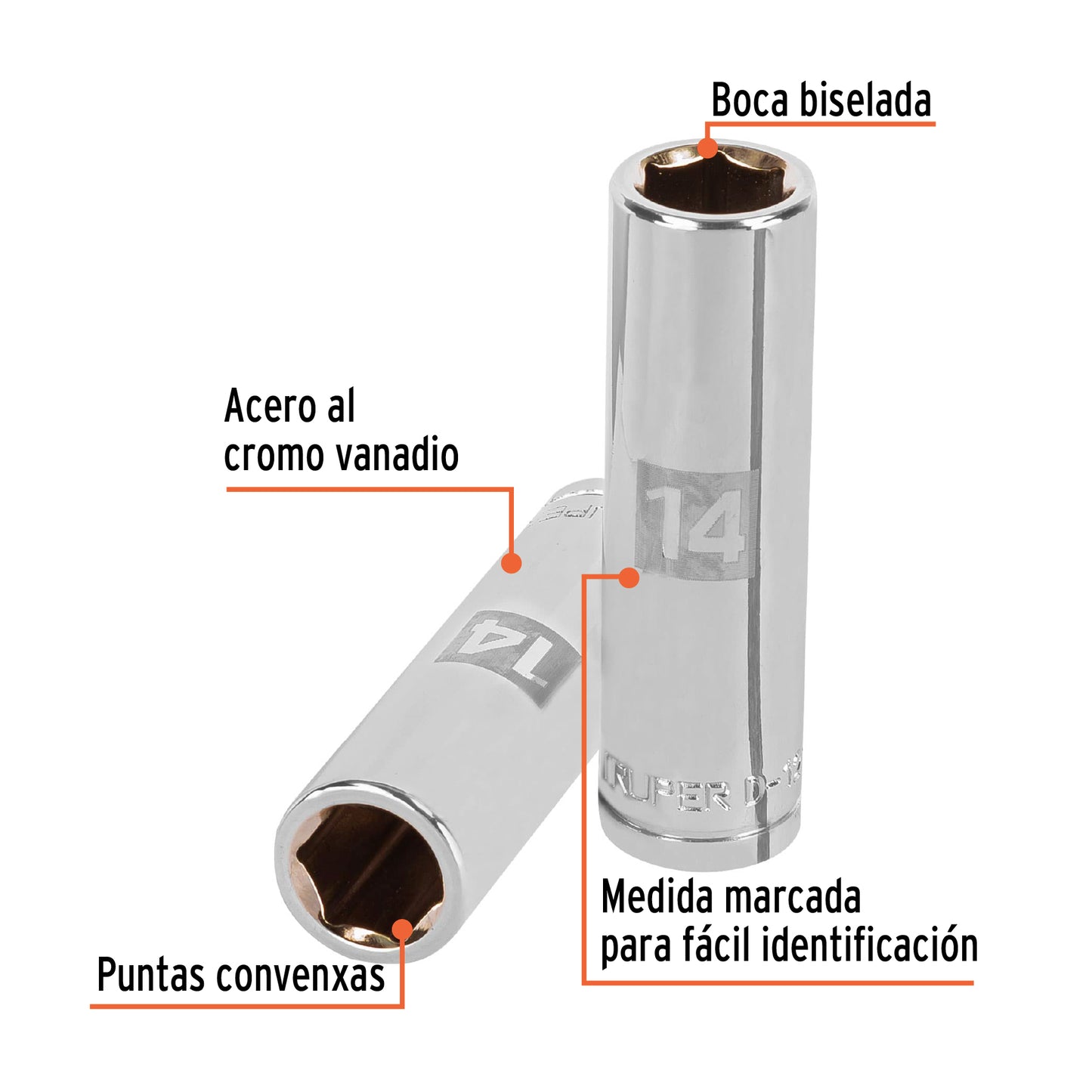 Deep Socket, 6 Points, 1/2" Drive, 14mm TRUPER