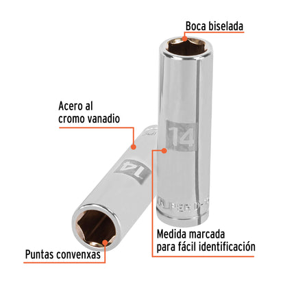 Deep Socket, 6 Points, 1/2" Drive, 14mm TRUPER
