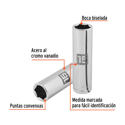Deep Socket, 6 Points, 1/2" Drive, 15mm TRUPER