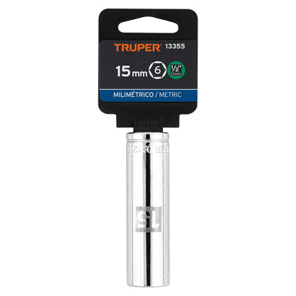 Deep Socket, 6 Points, 1/2" Drive, 15mm TRUPER
