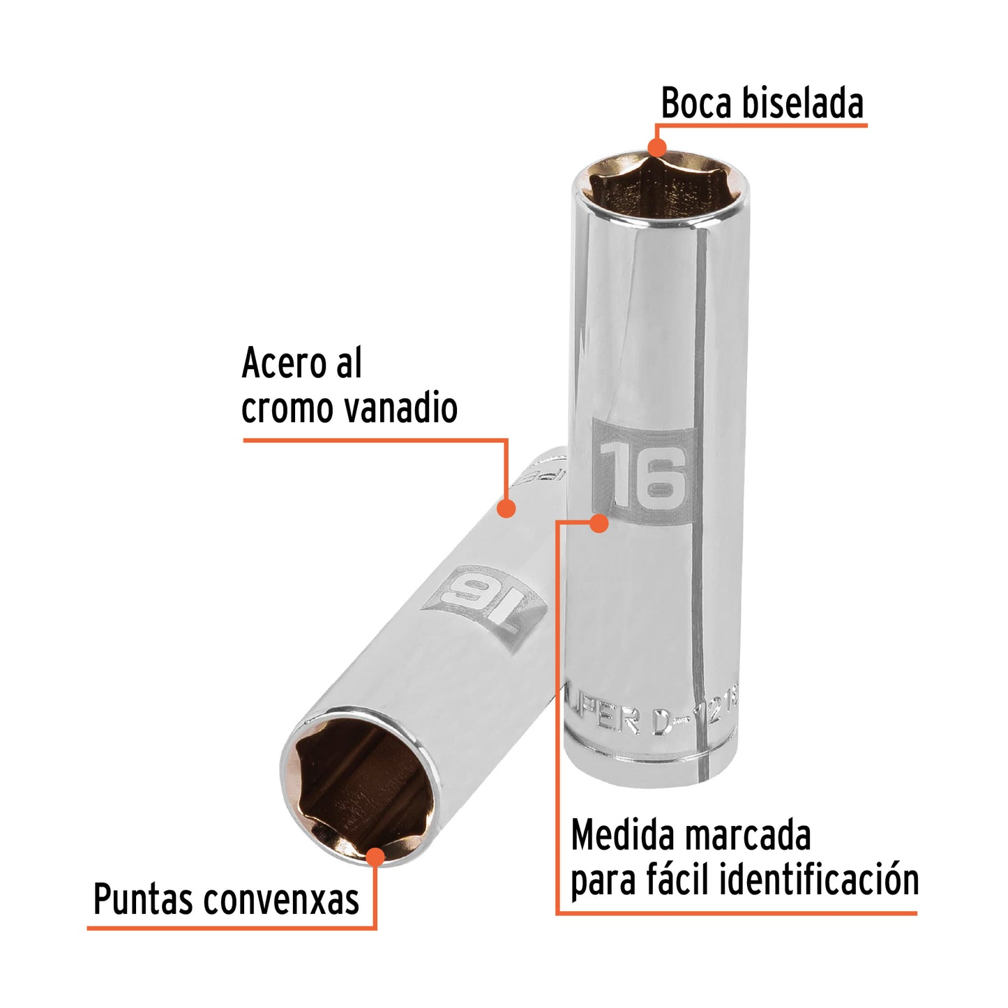 Deep Socket, 6 Points, 1/2" Drive, 16mm TRUPER