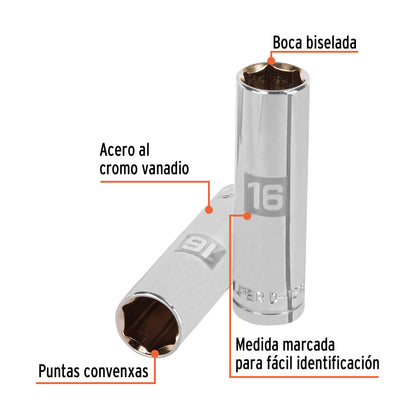 Deep Socket, 6 Points, 1/2" Drive, 16mm TRUPER