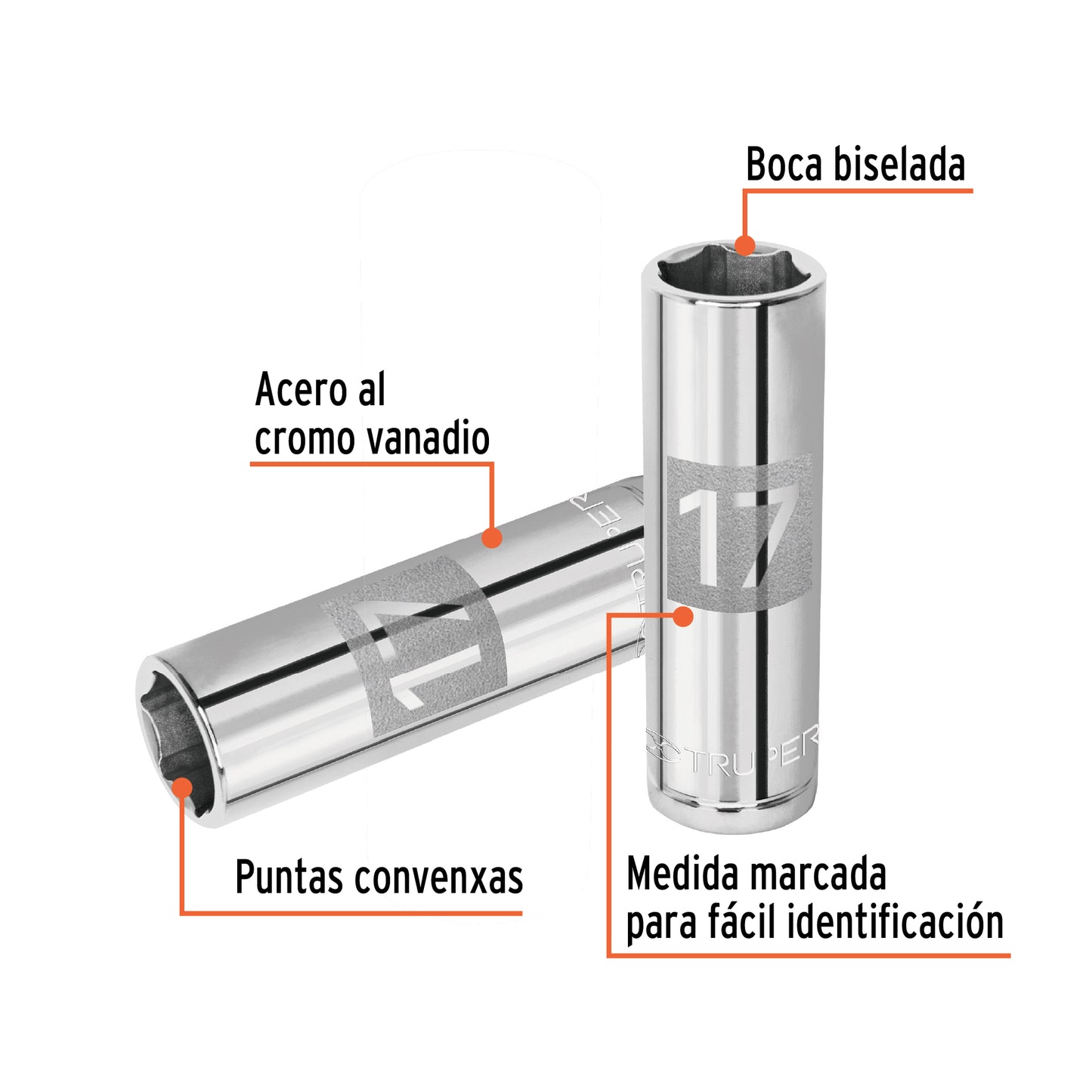 Deep Socket, 6 Points, 1/2" Drive, 17mm TRUPER