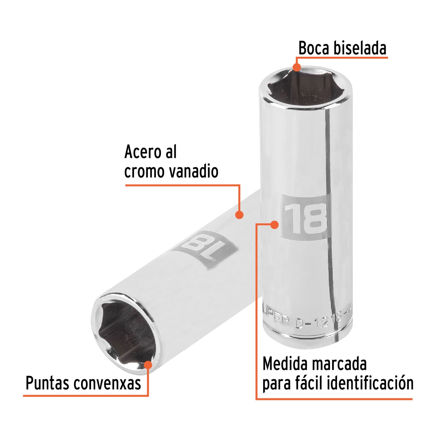 Deep Socket, 6 Points, 1/2" Drive, 18mm TRUPER