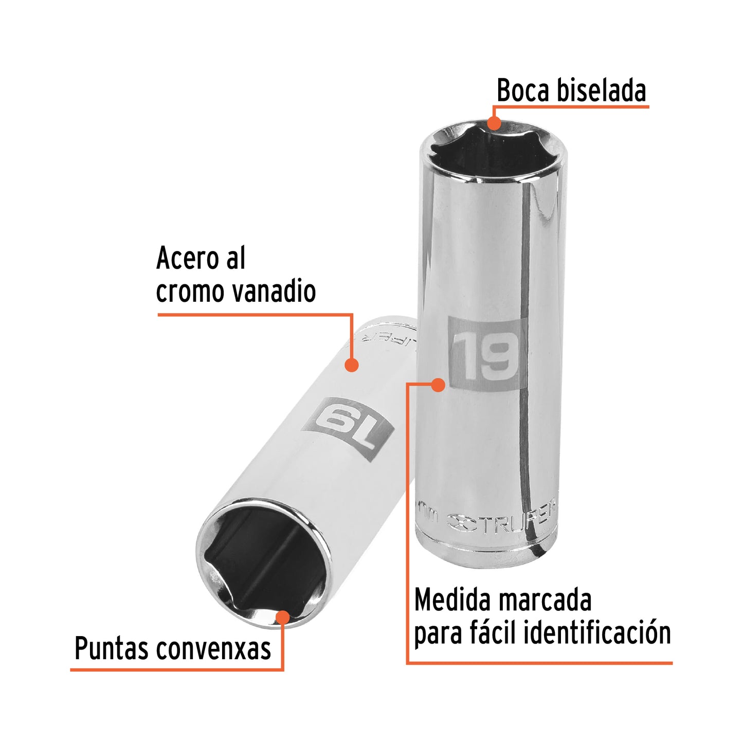Deep Socket, 6 Points, 1/2" Drive, 19mm TRUPER