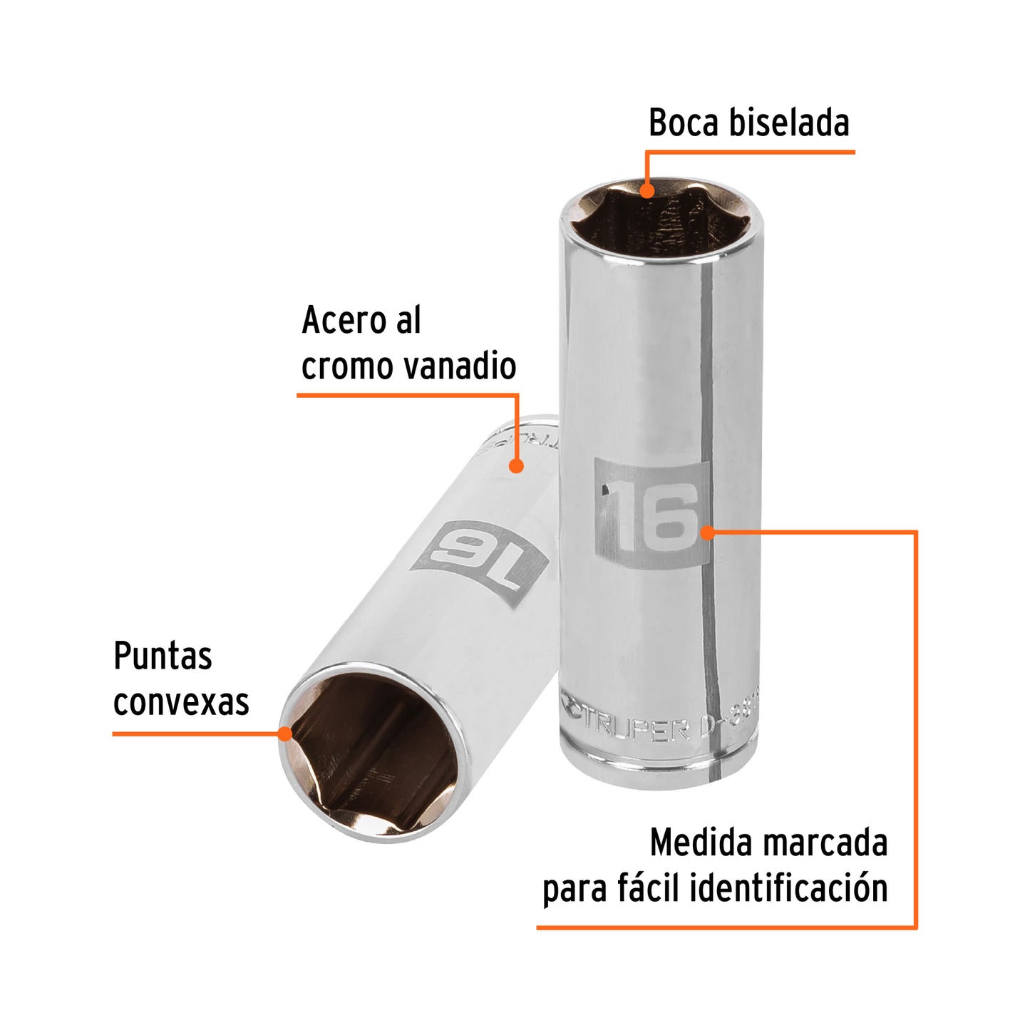 Deep Socket, 6 Points, 3/8" Drive, 16mm TRUPER