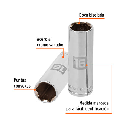 Deep Socket, 6 Points, 3/8" Drive, 16mm TRUPER