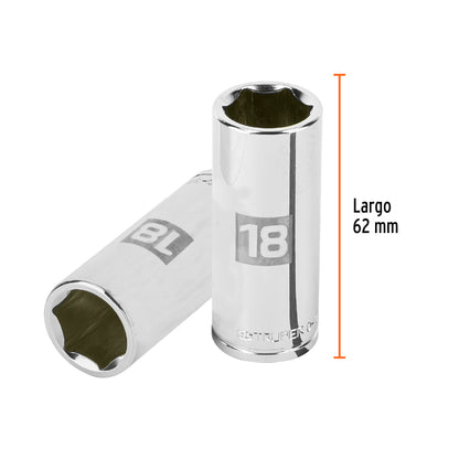 Deep Socket, 6 Points, 3/8" Drive, 18mm TRUPER