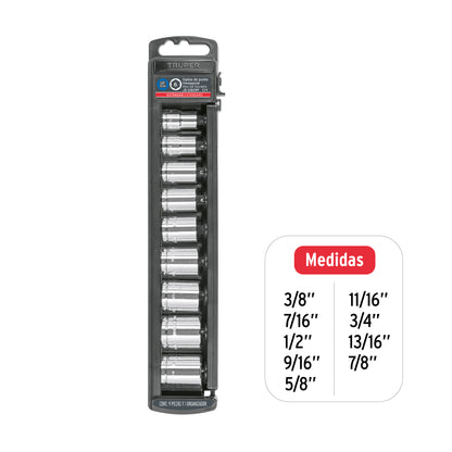 Set of 9 Sae 3/8" Drive Sockets, TRUPER