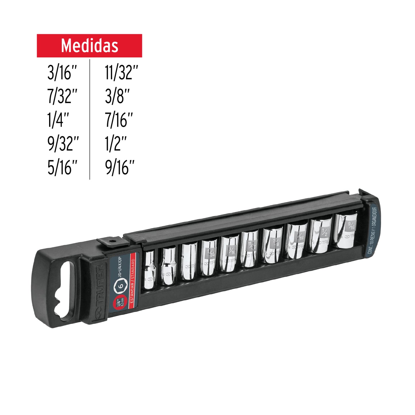 Set of 10 Sae 1/4" Drive Standard Sockets, TRUPER