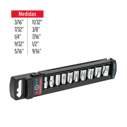 Set of 10 Sae 1/4" Drive Standard Sockets, TRUPER