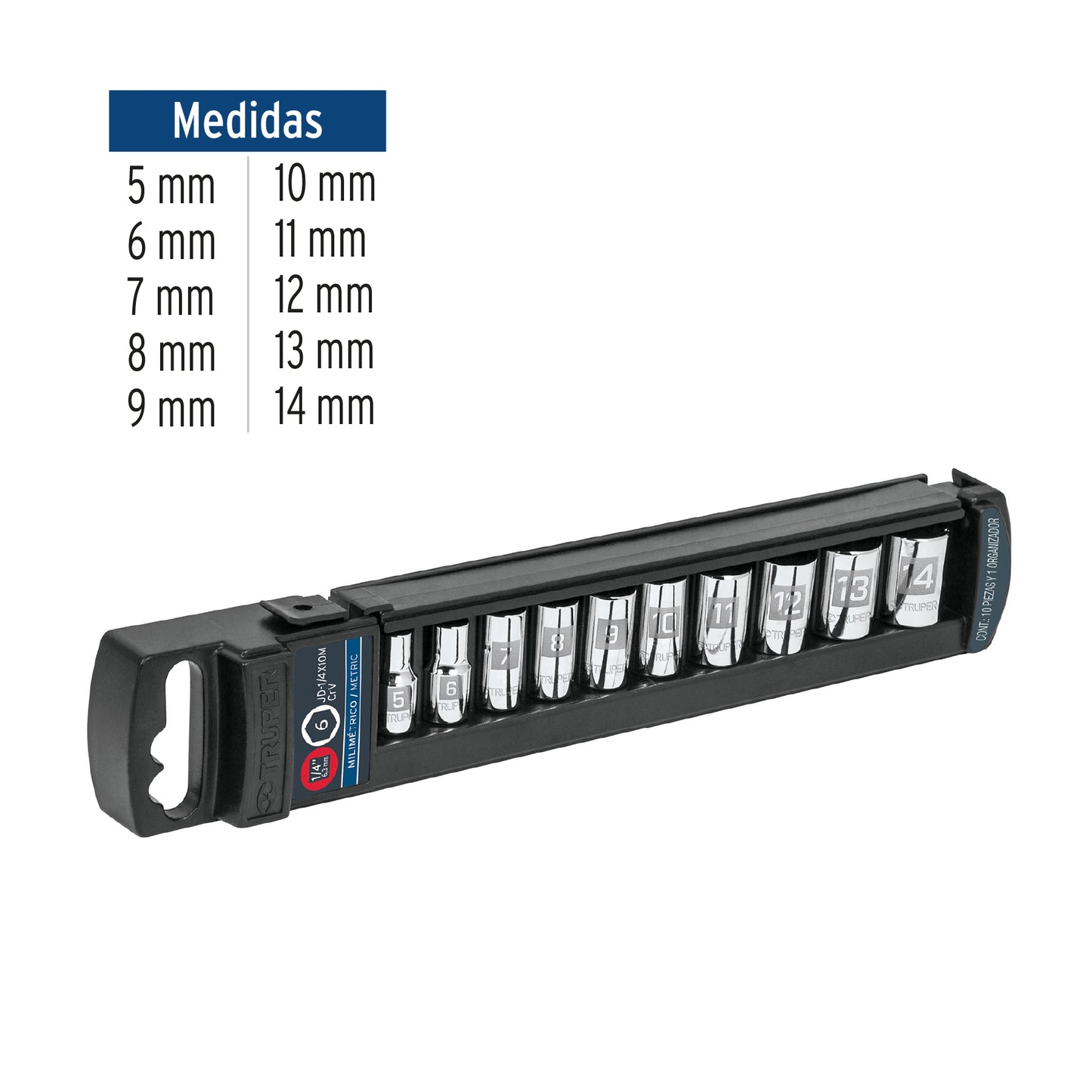 Set of 10 Metric 1/4" Dr sockets, TRUPER