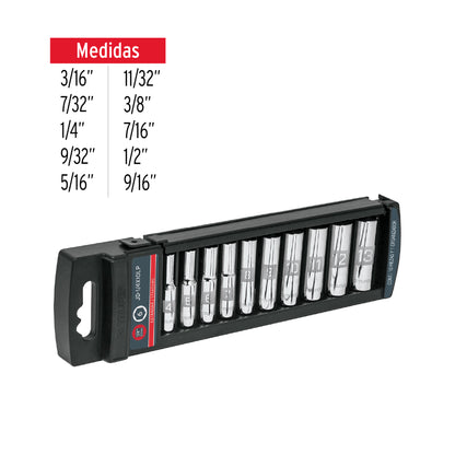 Set of 10 Sae Long Sockets, 1/4" Drive, Standard, TRUPER