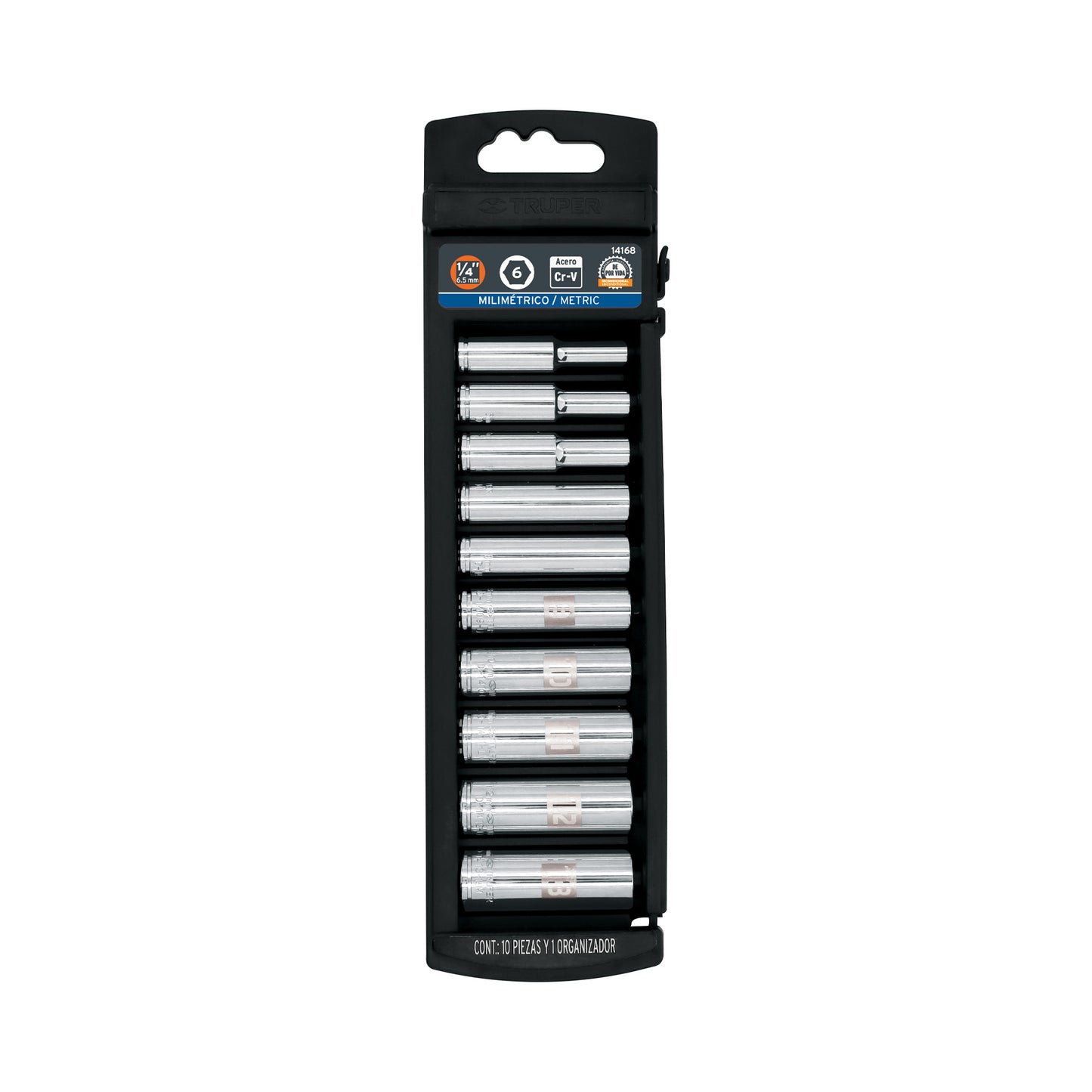 Set of 10 Long Metric Sockets, 1/4" Drive, TRUPER