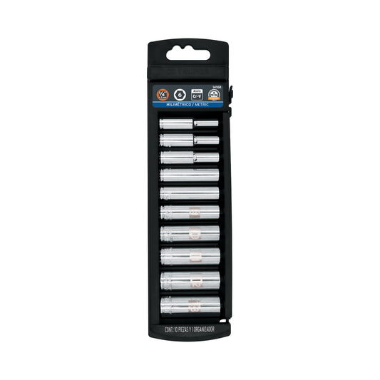 Set of 10 Long Metric Sockets, 1/4" Drive, TRUPER