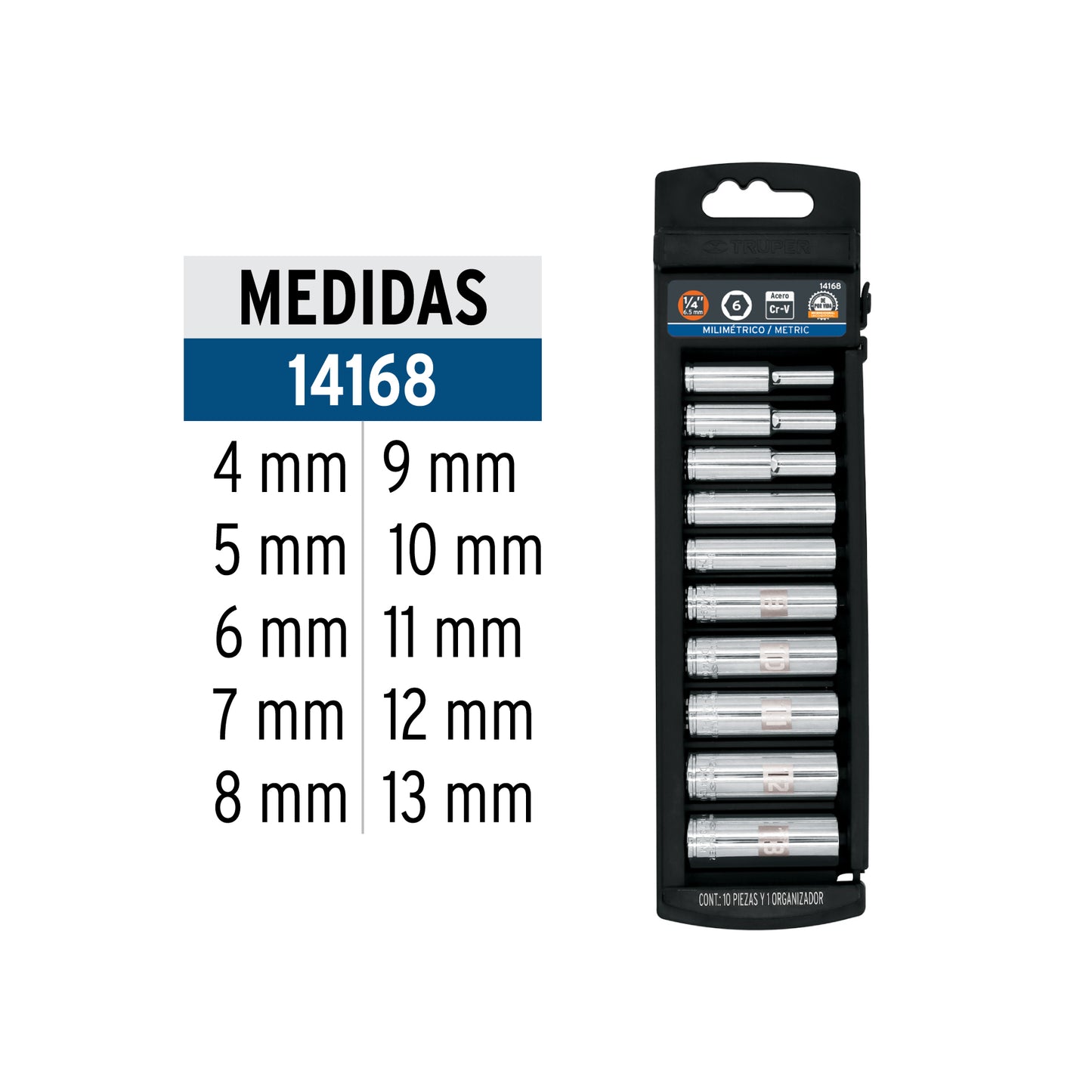 Set of 10 Long Metric Sockets, 1/4" Drive, TRUPER