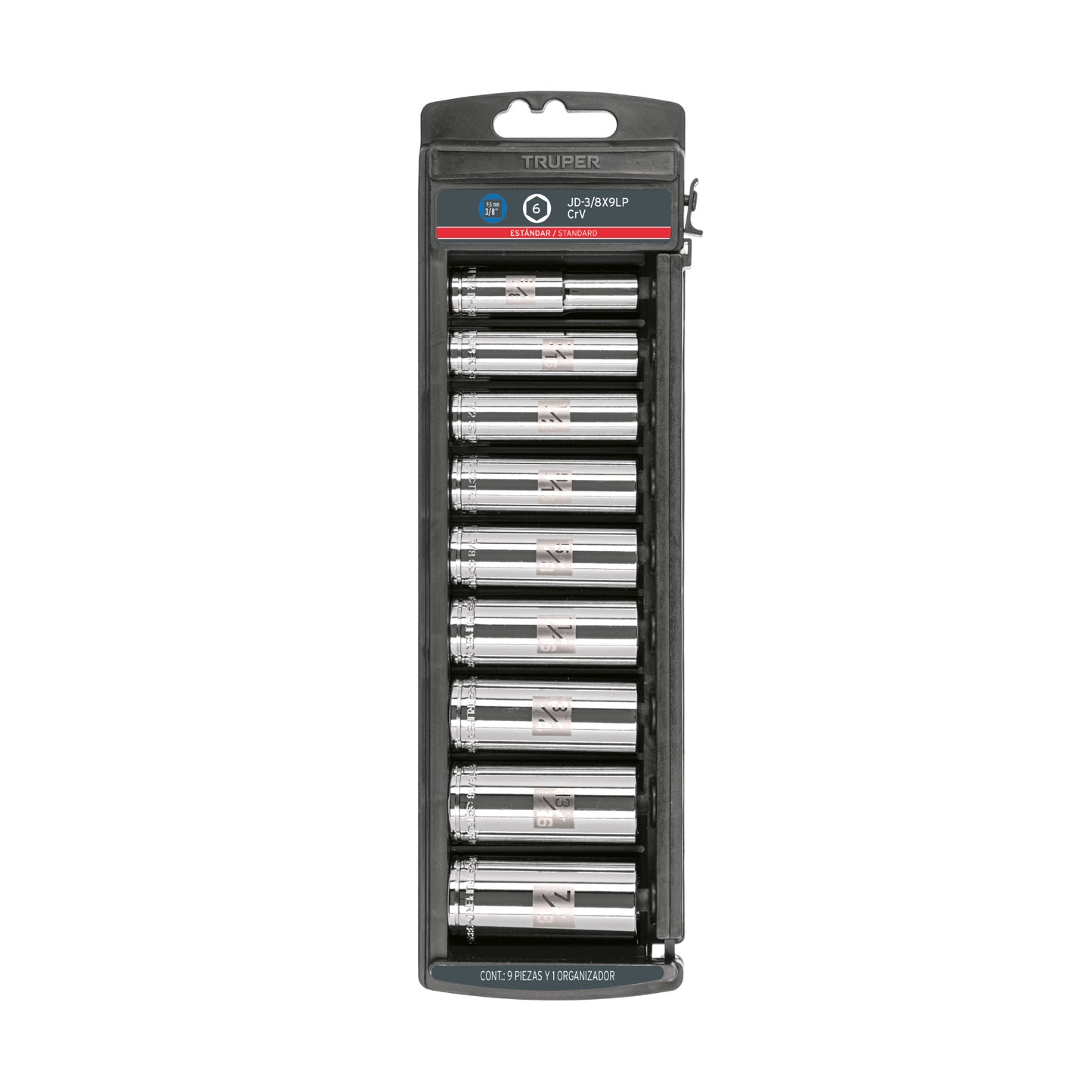 Set of 9 Sae Long Sockets, 3/8" Drive, TRUPER