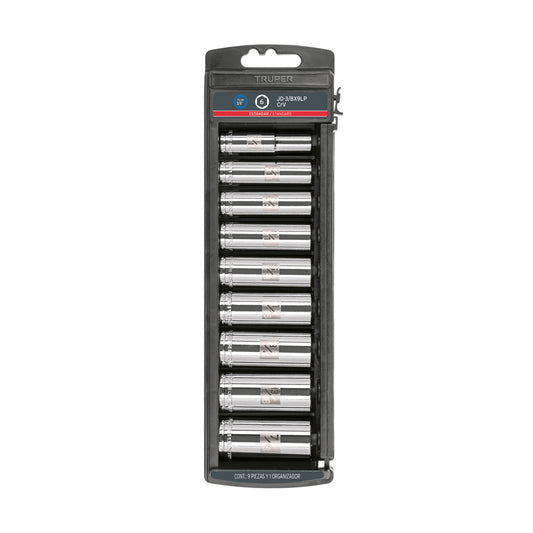 Set of 9 Sae Long Sockets, 3/8" Drive, TRUPER