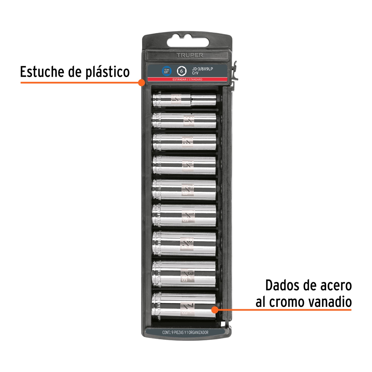 Set of 9 Sae Long Sockets, 3/8" Drive, TRUPER