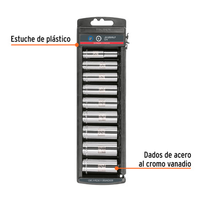 Set of 9 Sae Long Sockets, 3/8" Drive, TRUPER