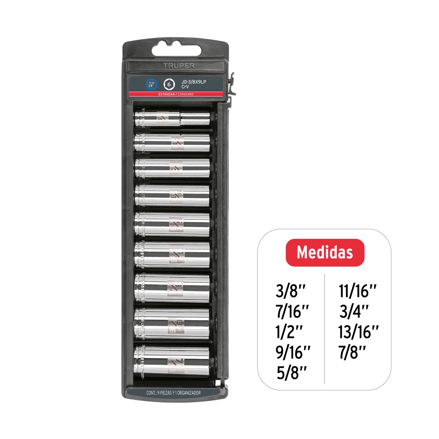 Set of 9 Sae Long Sockets, 3/8" Drive, TRUPER