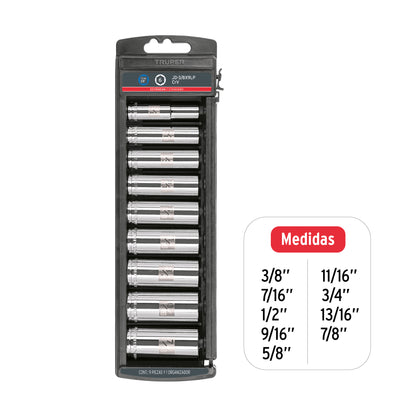 Set of 9 Sae Long Sockets, 3/8" Drive, TRUPER