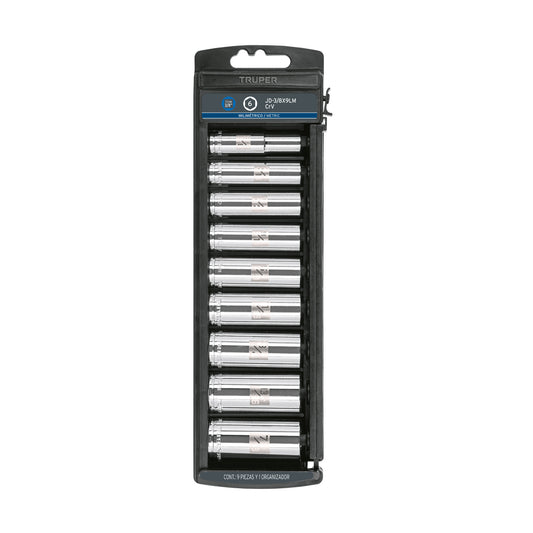 Set of 9 Metric Long Sockets, 3/8" Drive, TRUPER