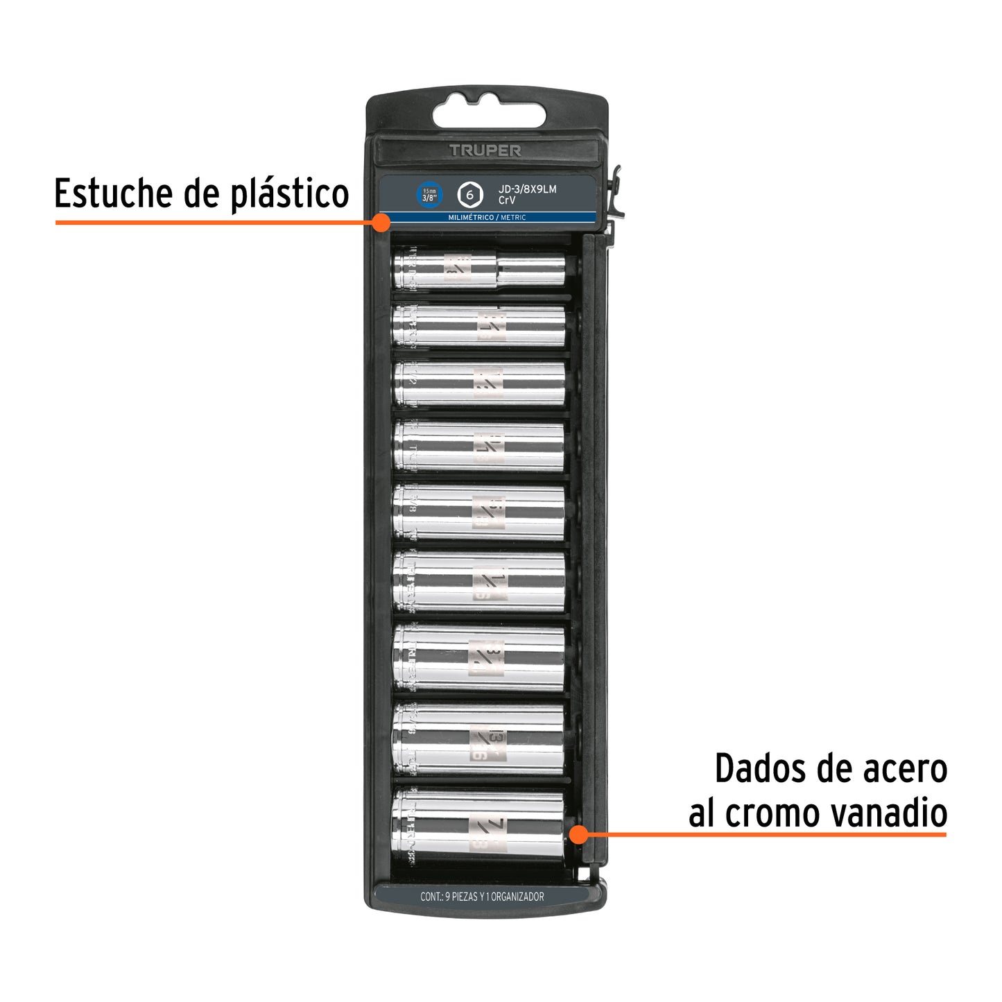 Set of 9 Metric Long Sockets, 3/8" Drive, TRUPER