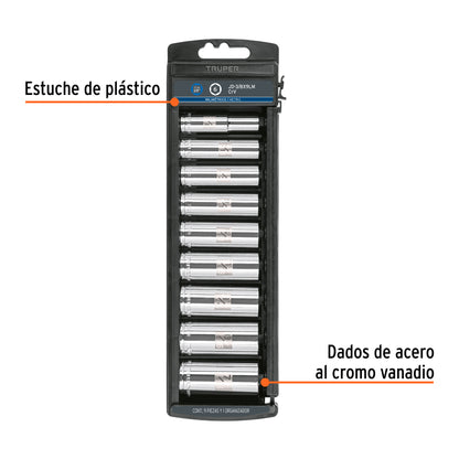 Set of 9 Metric Long Sockets, 3/8" Drive, TRUPER