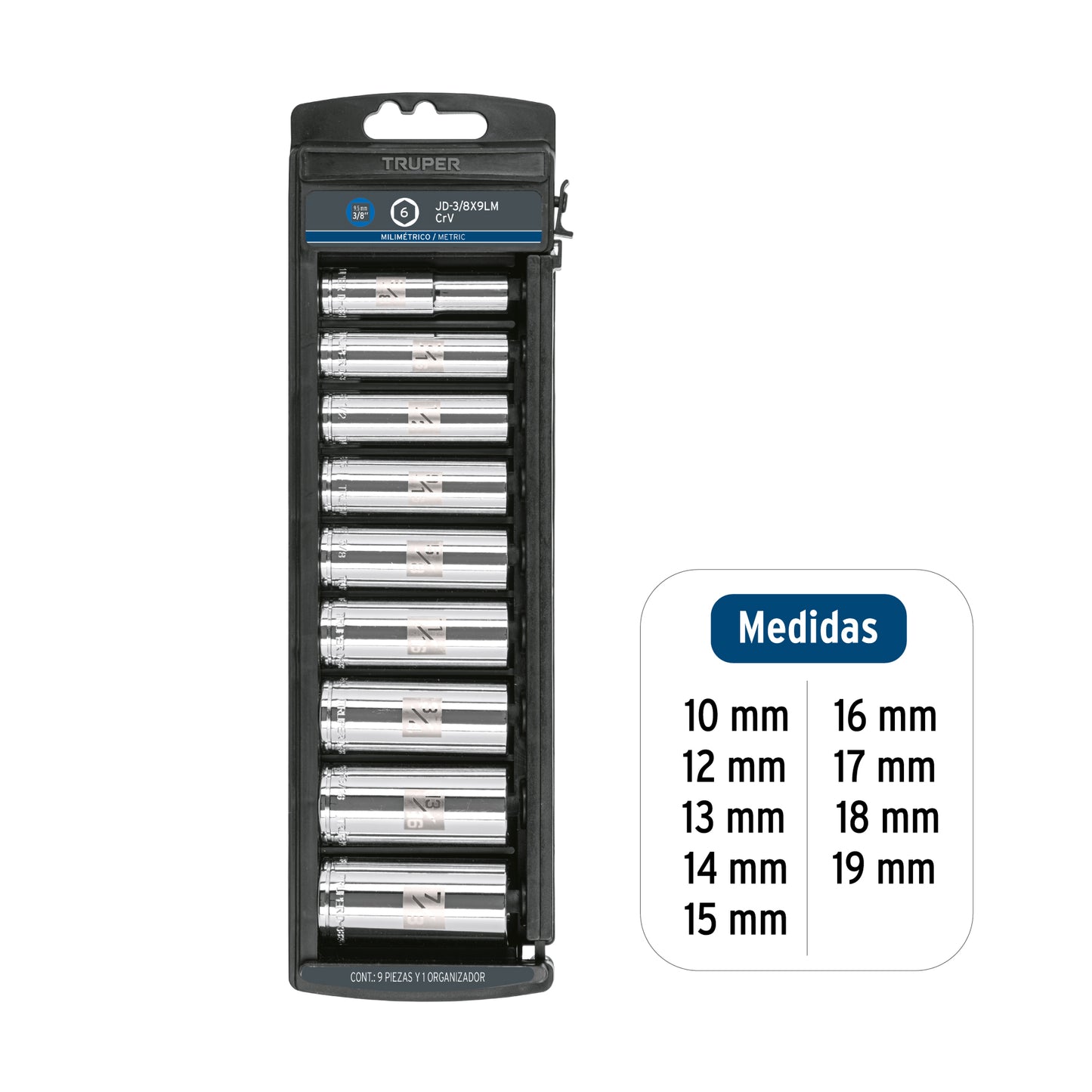 Set of 9 Metric Long Sockets, 3/8" Drive, TRUPER