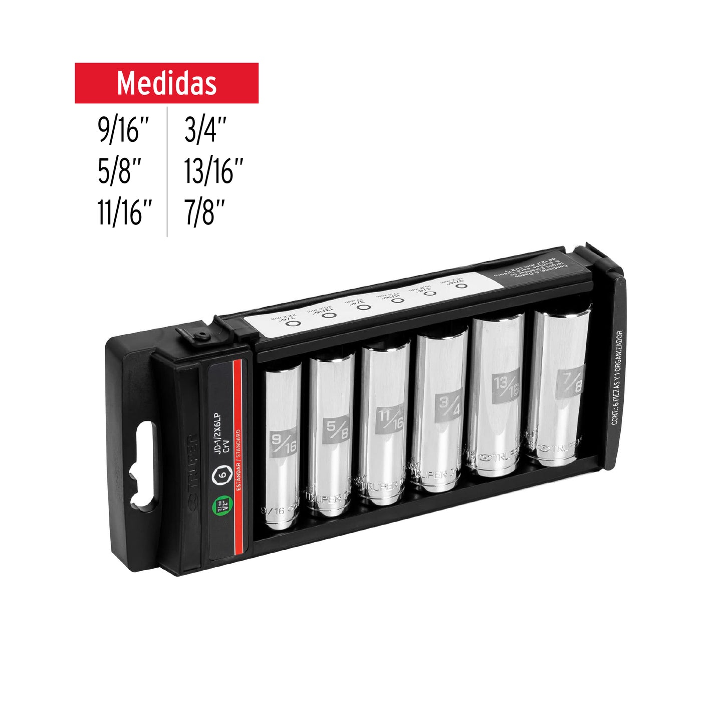 Set of 6 Long Sockets, 1/2" Drive, STD, TRUPER