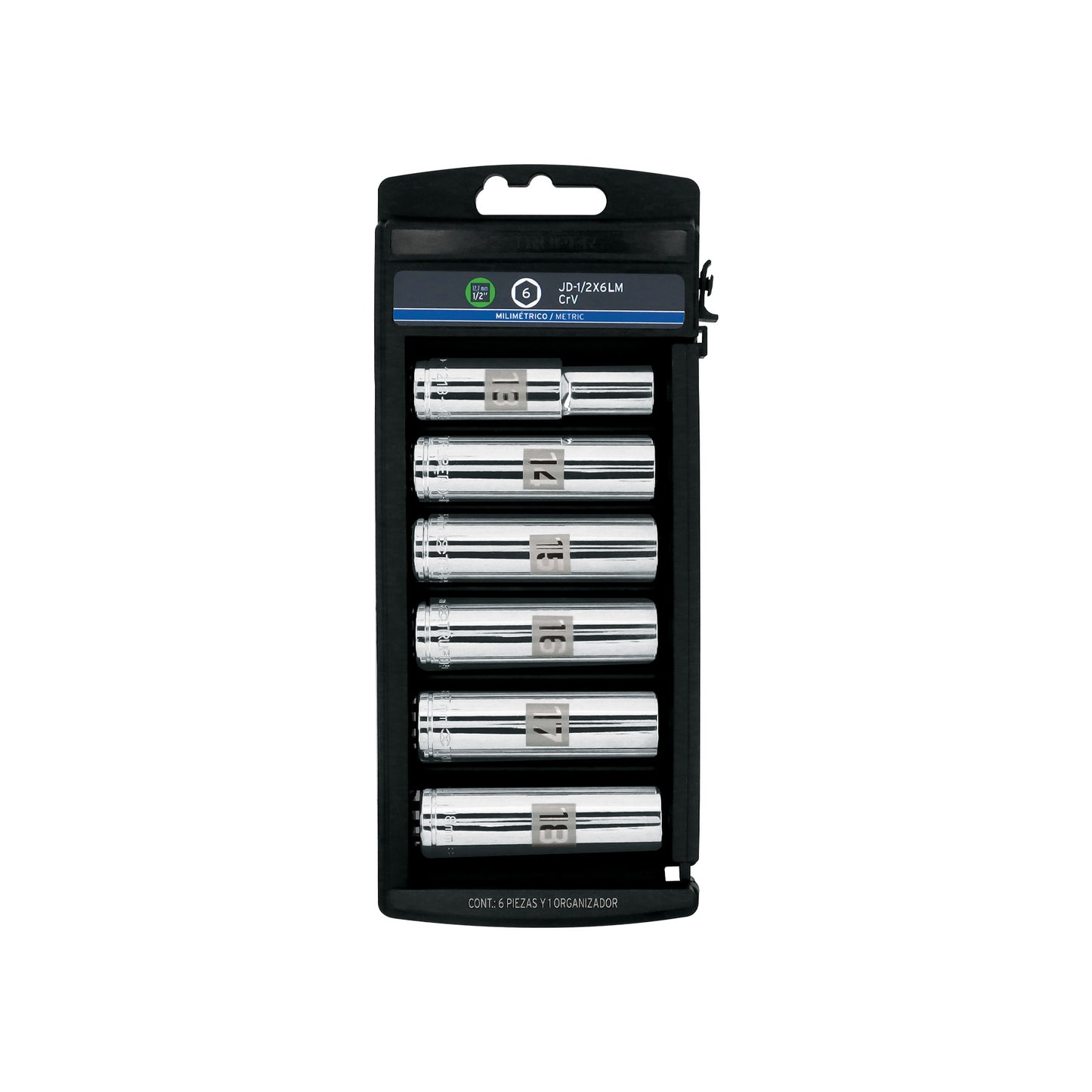 Set of 6 Long Sockets, 1/2" Drive, mm, TRUPER