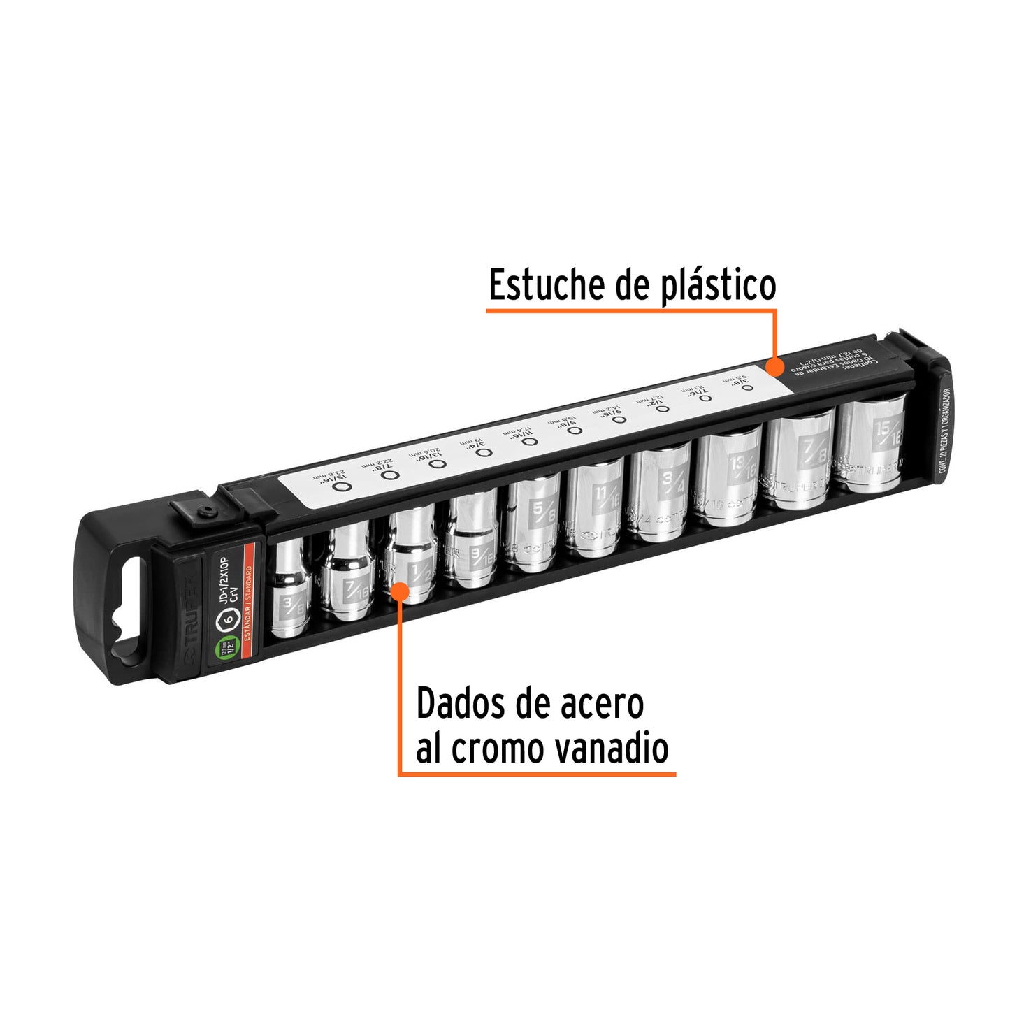 Set of 10 Standard 1/2" Dr. Sockets, TRUPER