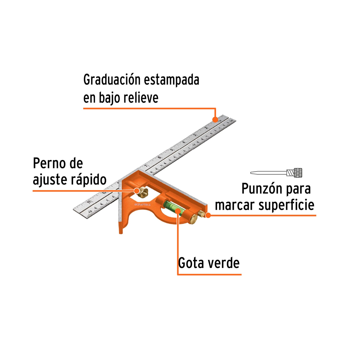 Combination Square With Marking Punch, 12" TRUPER