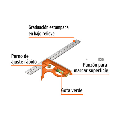 Combination Square With Marking Punch, 12" TRUPER