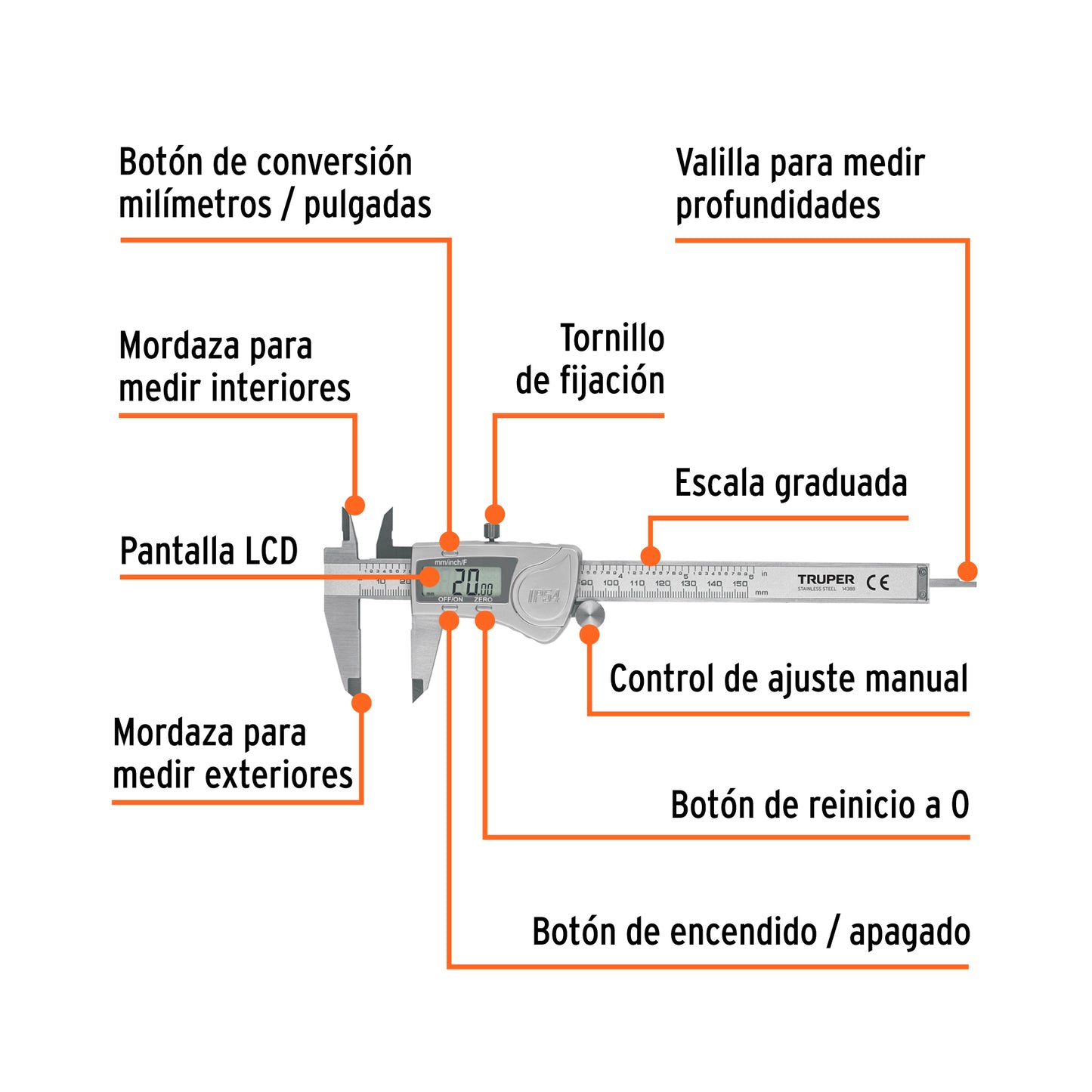 Digital Vernier Caliper, Stainless Steel, 6" Standard and Millimeter, TRUPER