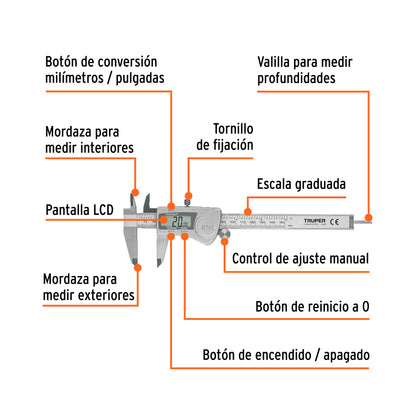Digital Vernier Caliper, Stainless Steel, 6" Standard and Millimeter, TRUPER