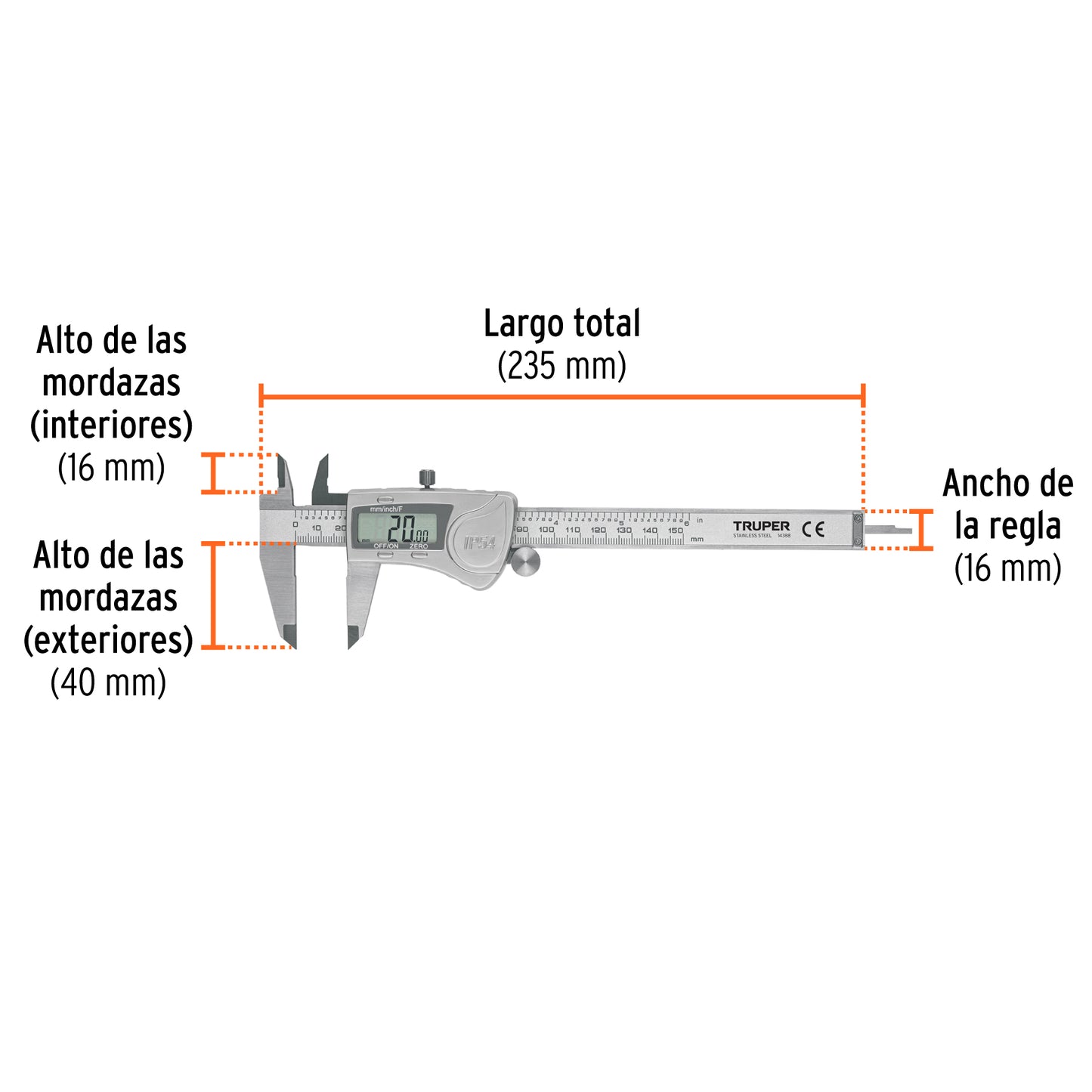 Digital Vernier Caliper, Stainless Steel, 6" Standard and Millimeter, TRUPER