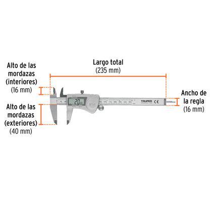 Digital Vernier Caliper, Stainless Steel, 6" Standard and Millimeter, TRUPER