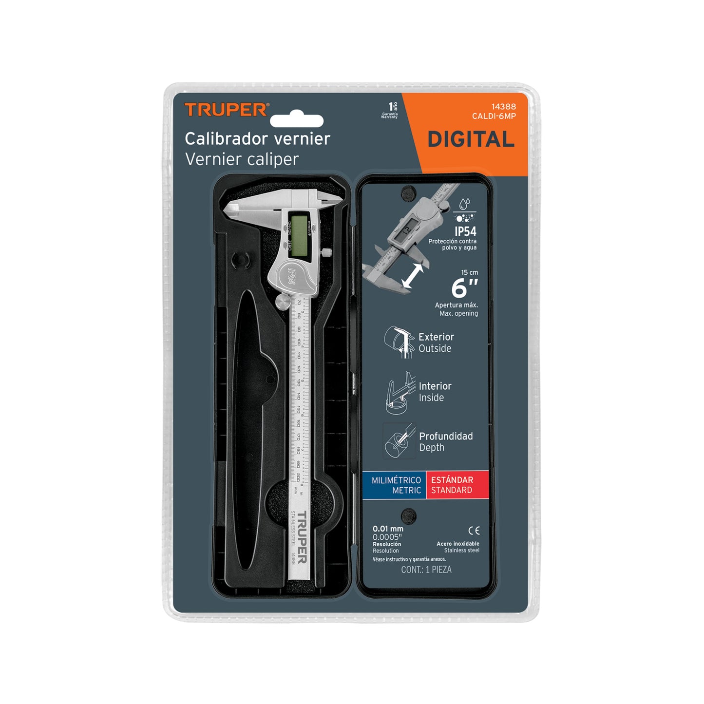 Digital Vernier Caliper, Stainless Steel, 6" Standard and Millimeter, TRUPER