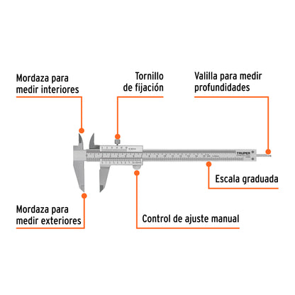 Analog Vernier Caliper, Stainless Steel, 6" Standard and Millimeter, TRUPER
