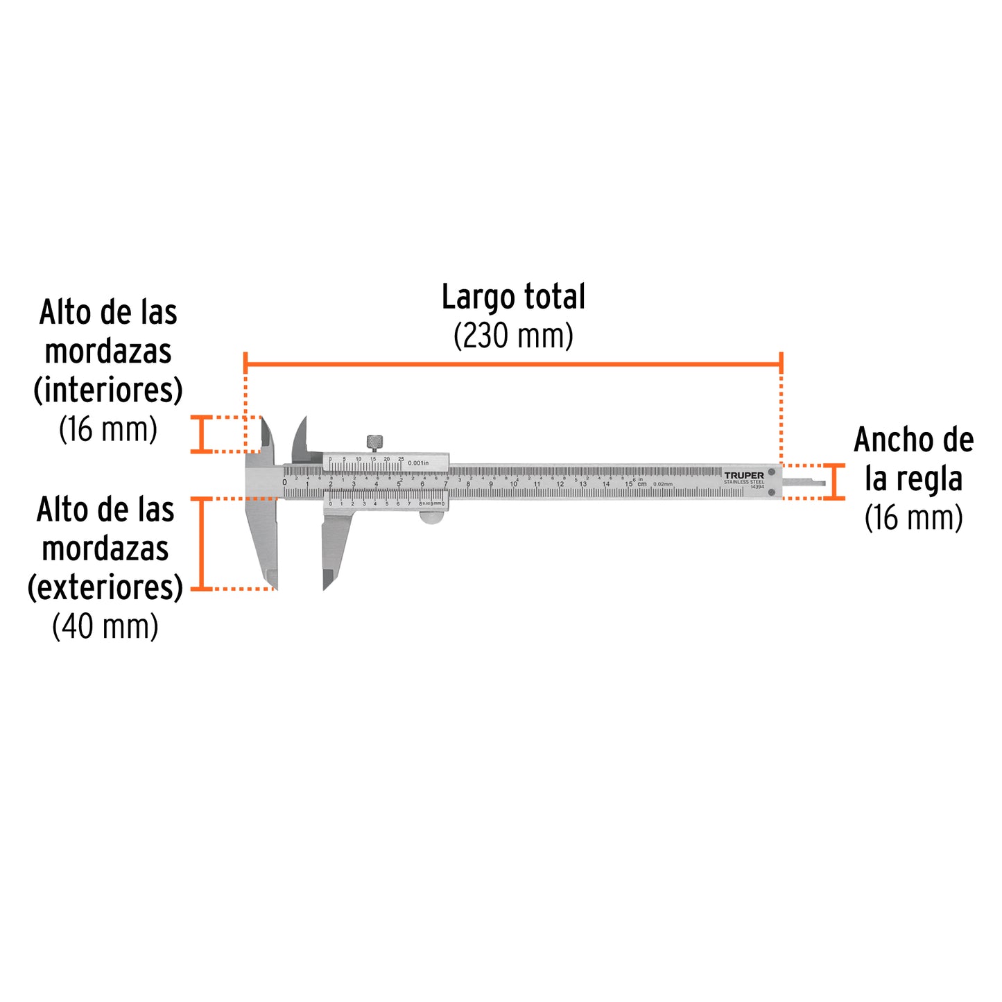 Analog Vernier Caliper, Stainless Steel, 6" Standard and Millimeter, TRUPER