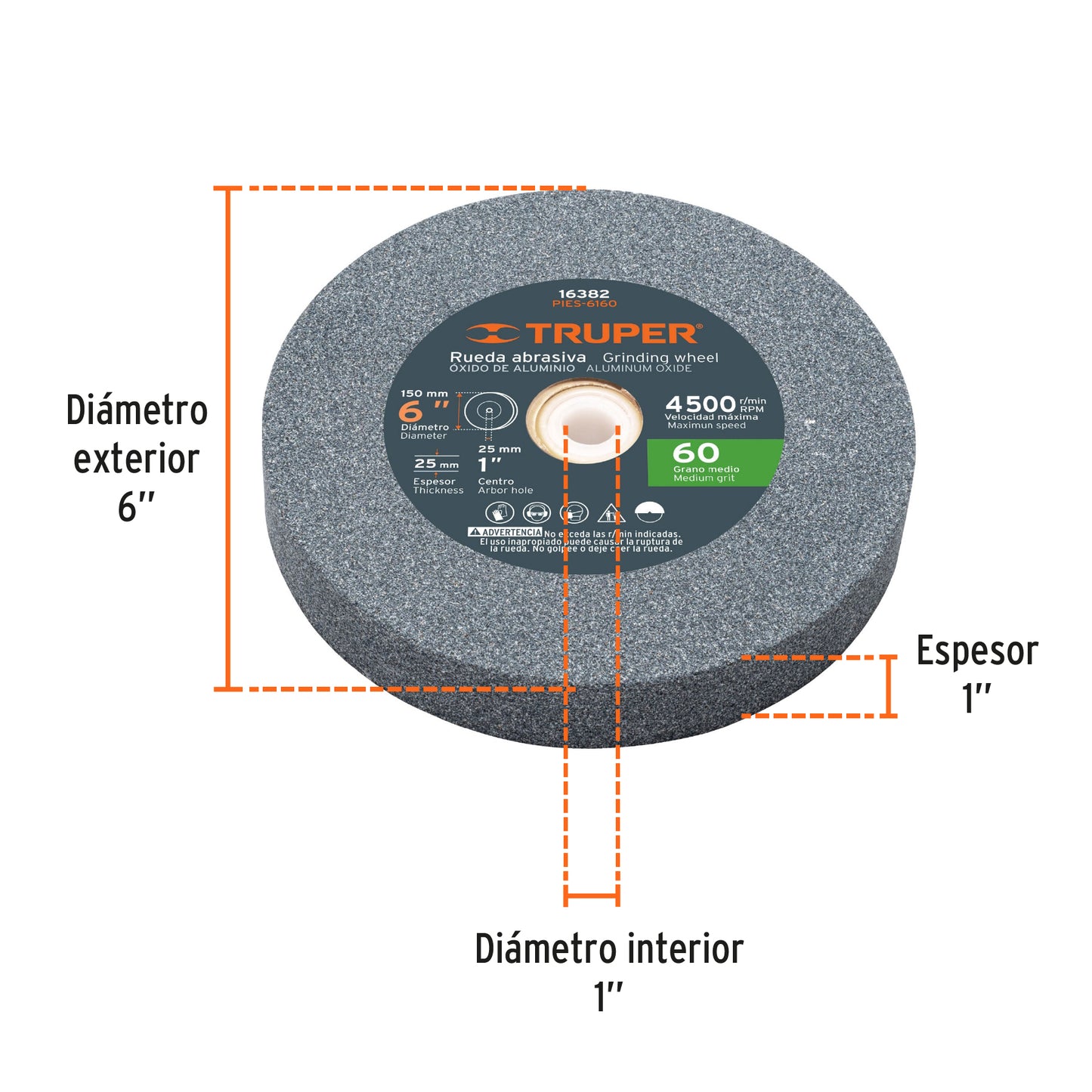 Grinding Wheel, Aluminum Oxide, Grit 60 6"x25mm TRUPER