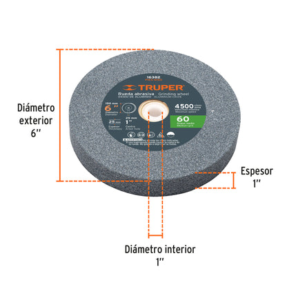Grinding Wheel, Aluminum Oxide, Grit 60 6"x25mm TRUPER