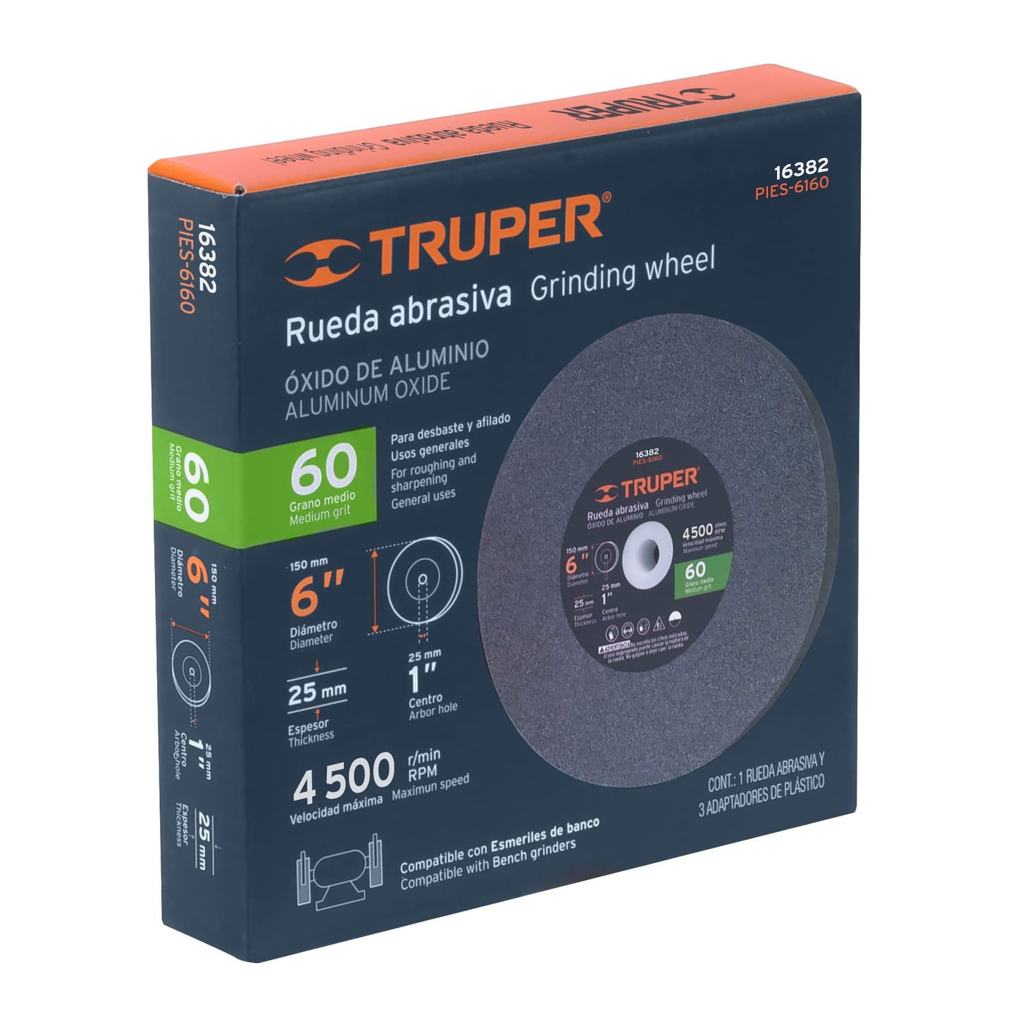 Grinding Wheel, Aluminum Oxide, Grit 60 6"x25mm TRUPER