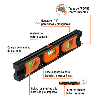10" Magnetic Torpedo Level with Aluminum Body, TRUPER