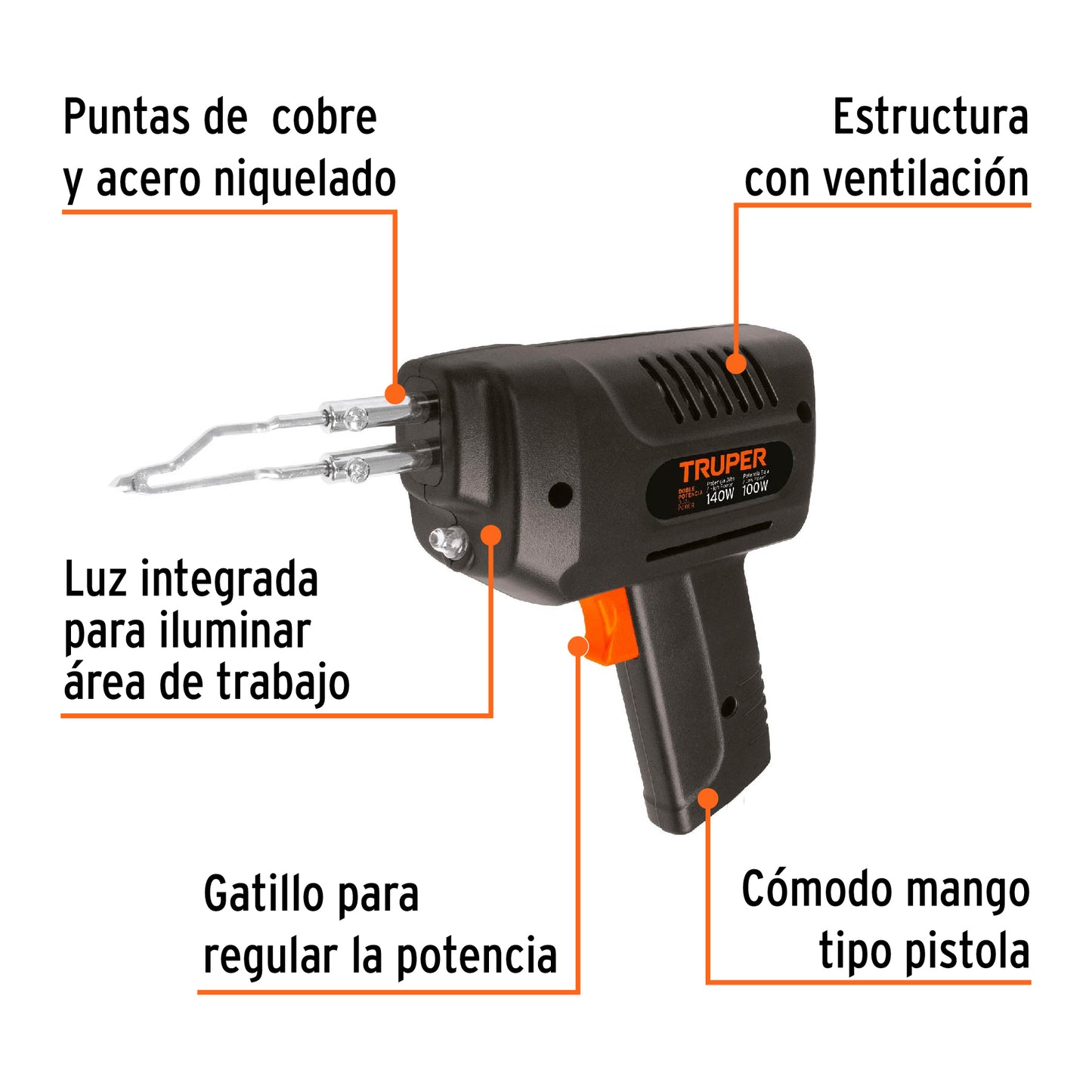Pistol-Type Soldering Iron With 2 Temperature Settings, 140W TRUPER